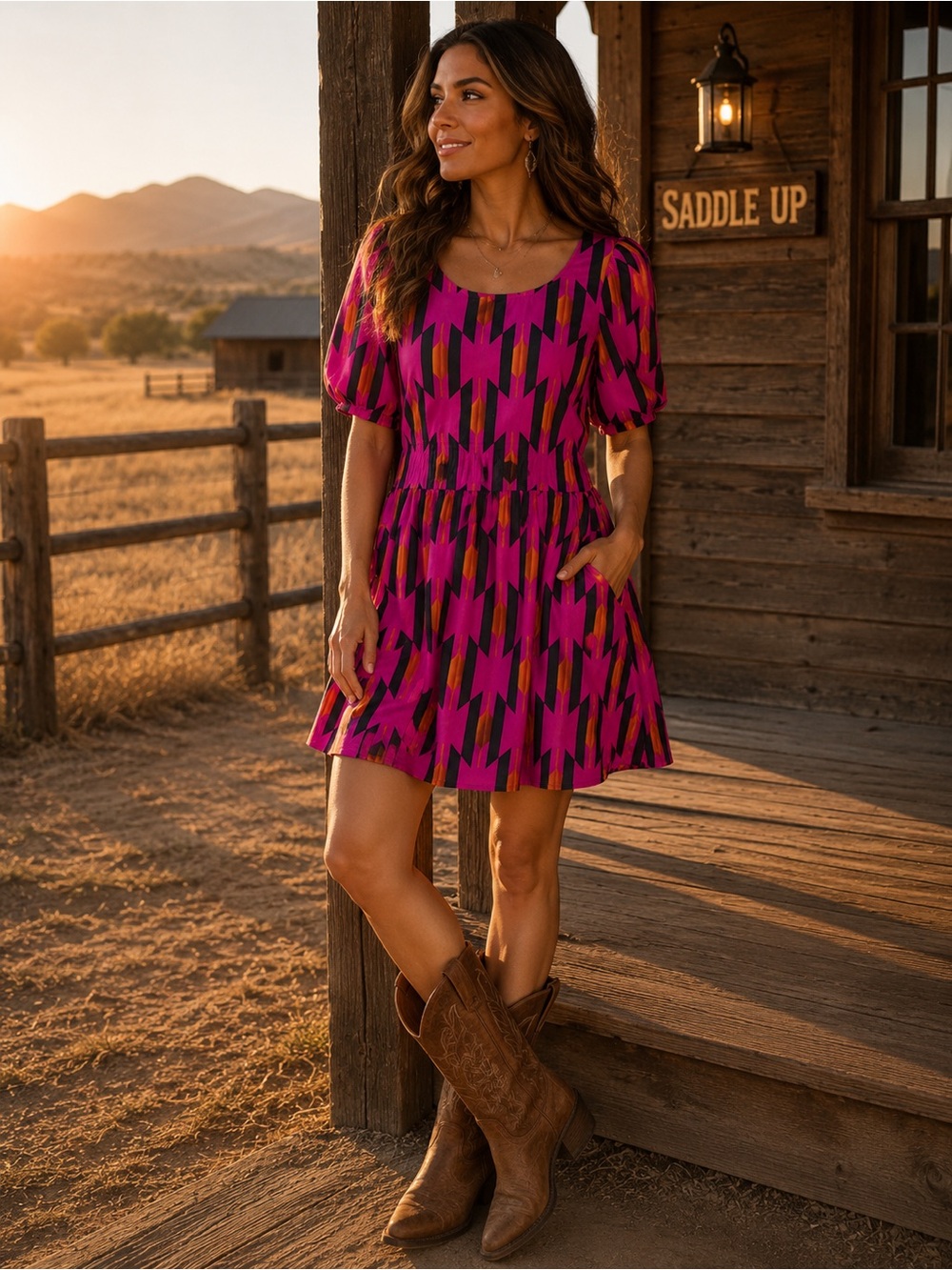 Vintage Allen B Women's Pink Geometric Short Sleeve Dress